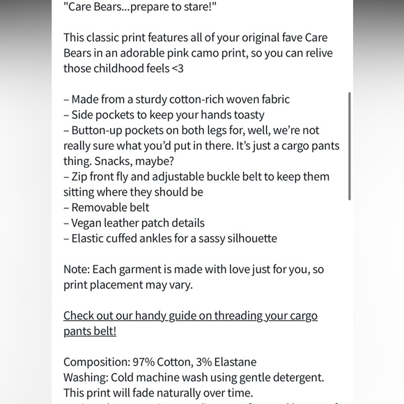 CLASSIC CARE BEARS PINK CARGO PANTS - LIMITED BLACKMILK NWOT SIZE 10 PINK - Picture 6 of 11